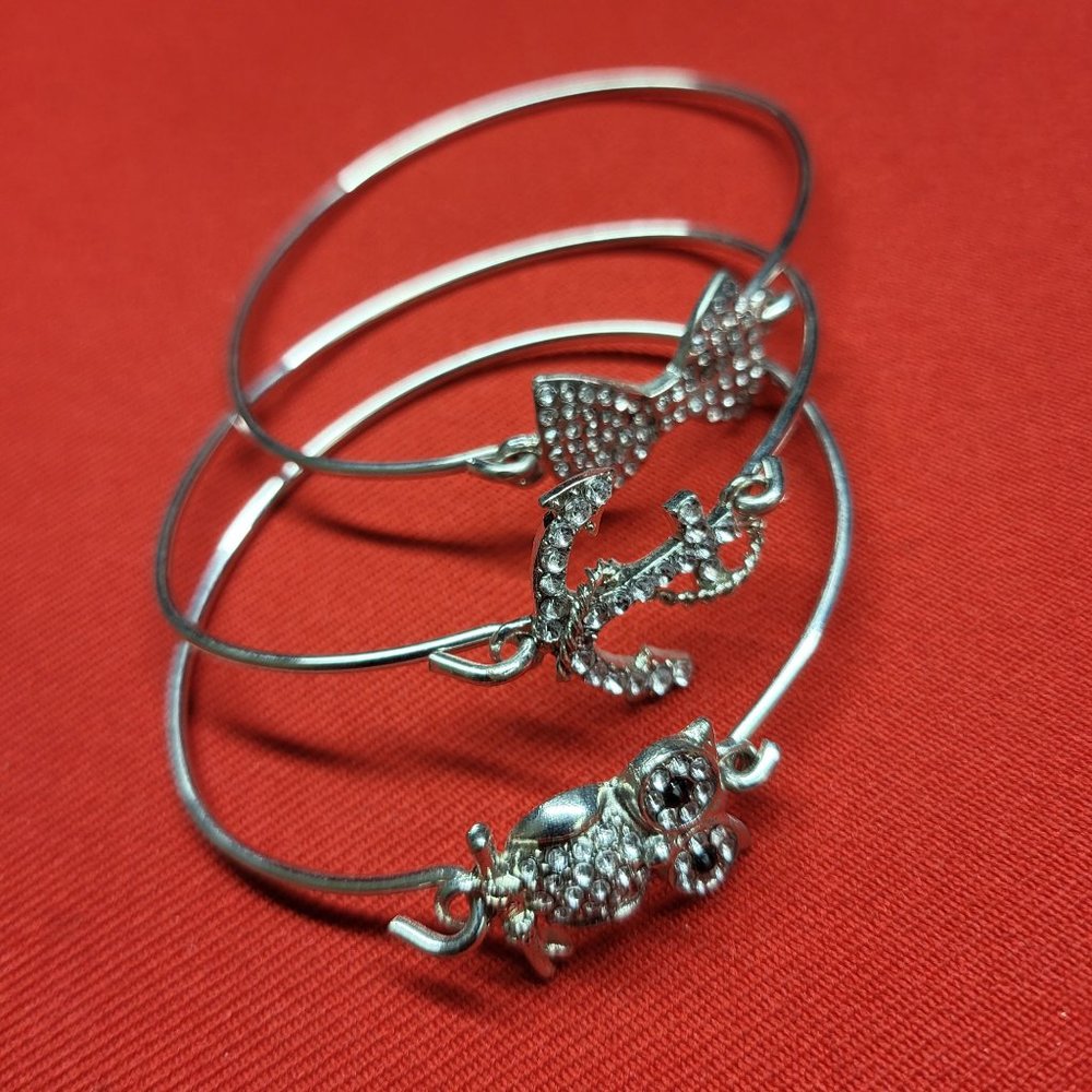 Silver Bracelet Rhinestones Anchor Ribbon Owl Set of 3